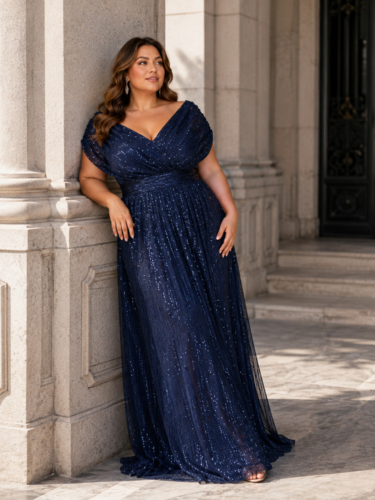 Women’s Navy Blue Glamorous Sequin Mesh V Neck Short Sleeve A-Line Maxi Dress with Pleated Wrap Bodice Detail