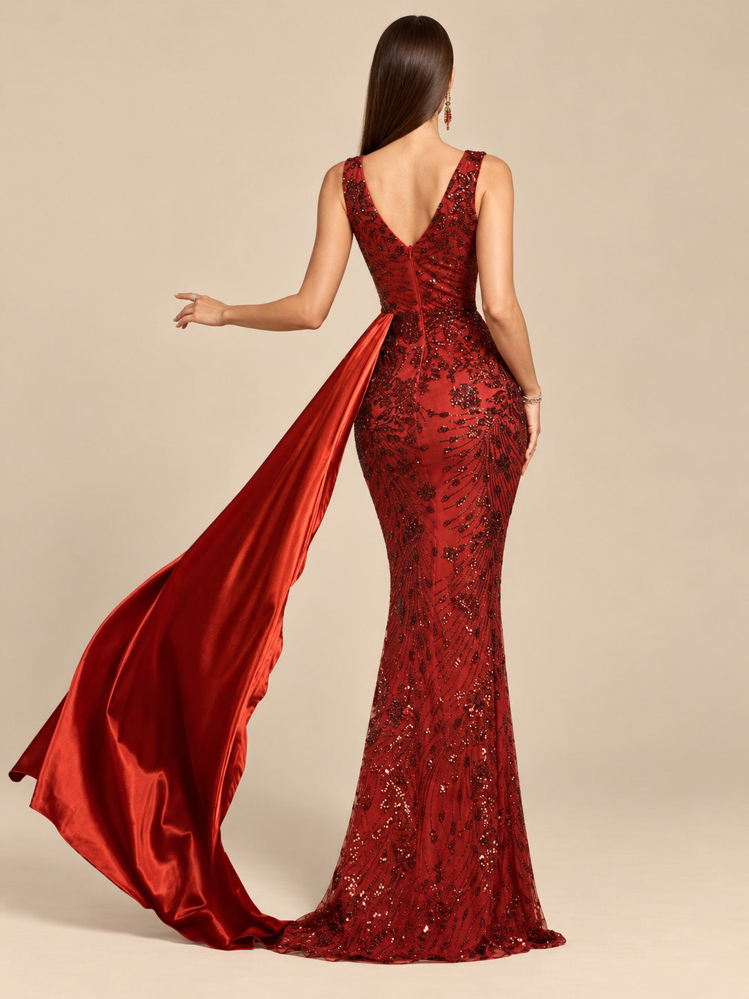 Women’s Red Elegant Satin Asymmetric Neck Sleeveless Mermaid Maxi Dress with Sequin Lace and Drape Detail