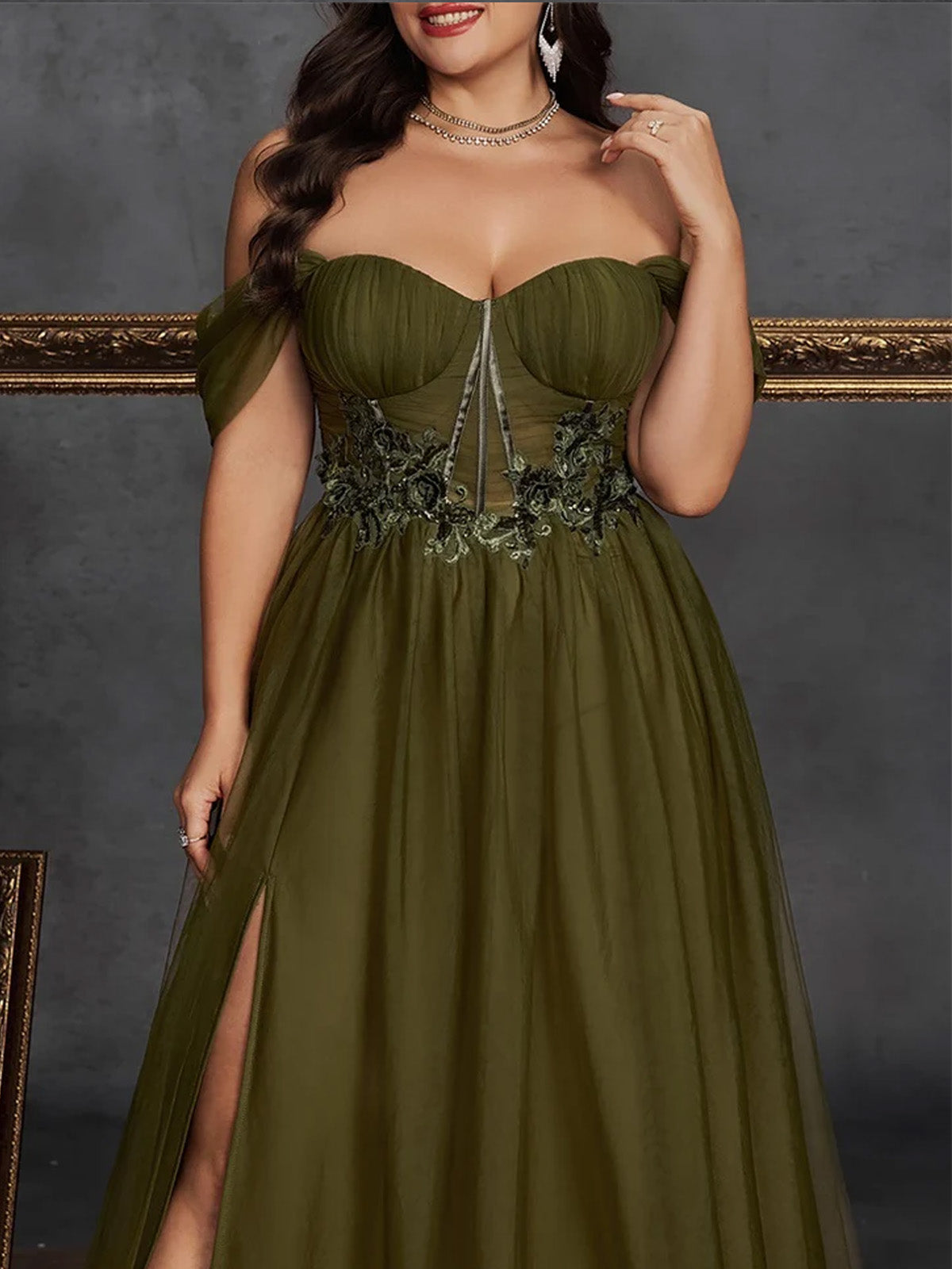 Women’s Olive Green Elegant Tulle Off Shoulder Short Sleeve A-Line Maxi Dress with Floral Appliqué