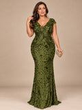 Women’s Olive Green Elegant Sequin Mesh V-Neck Cap Sleeve Mermaid Maxi Dress
