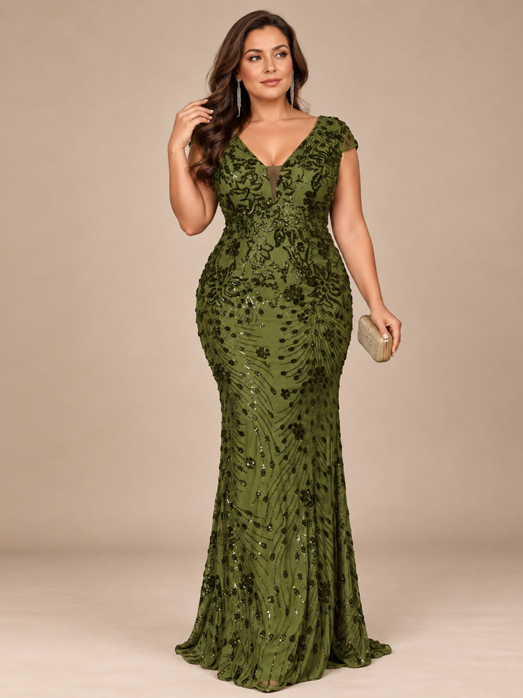 Women’s Olive Green Elegant Sequin Mesh V-Neck Cap Sleeve Mermaid Maxi Dress