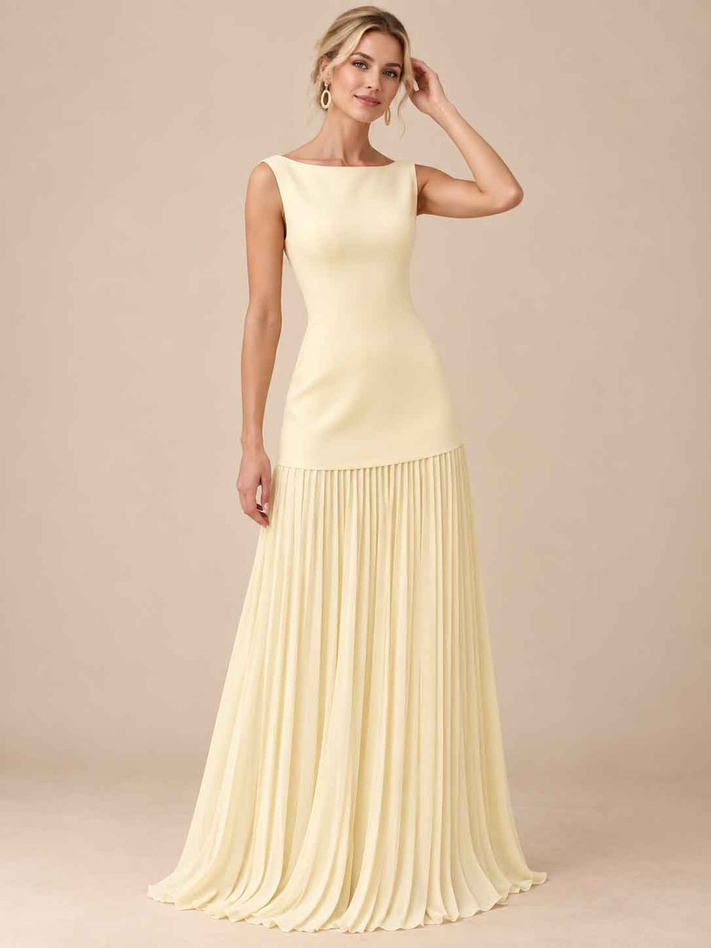Women’s Ivory Elegant Boat Neck Sleeveless Pleated Maxi Dress with Drop Waist Detail