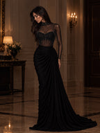 Women’s Elegant Mesh High Neck Long Sleeve Sheath Maxi Dress with Rhinestone Embellishment and Asymmetric Ruched Detail