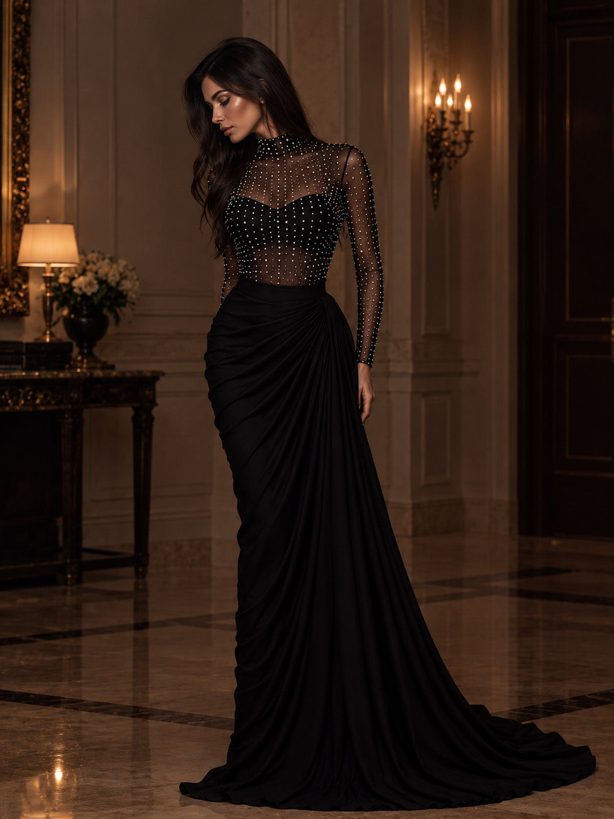 Women’s Elegant Mesh High Neck Long Sleeve Sheath Maxi Dress with Rhinestone Embellishment and Asymmetric Ruched Detail