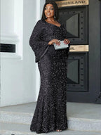 Women’s Silver Blue Glamorous Sequin Mesh V Neck Long Bell Sleeve Mermaid Maxi Dress with Embellished Detail