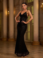Women’s Black Glamorous Sequin V-Neck Spaghetti Strap Mermaid Maxi Dress with Ruched Detail