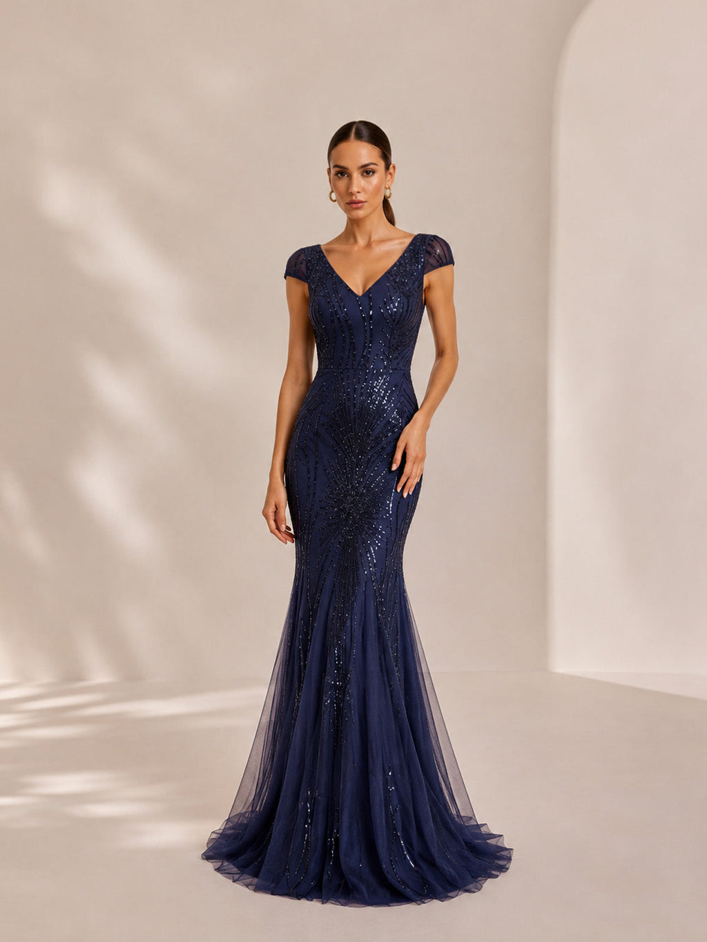 Women’s Emerald Green Vintage-Inspired Sequin V Neck Short Sleeve Mermaid Fit Maxi Evening Dress