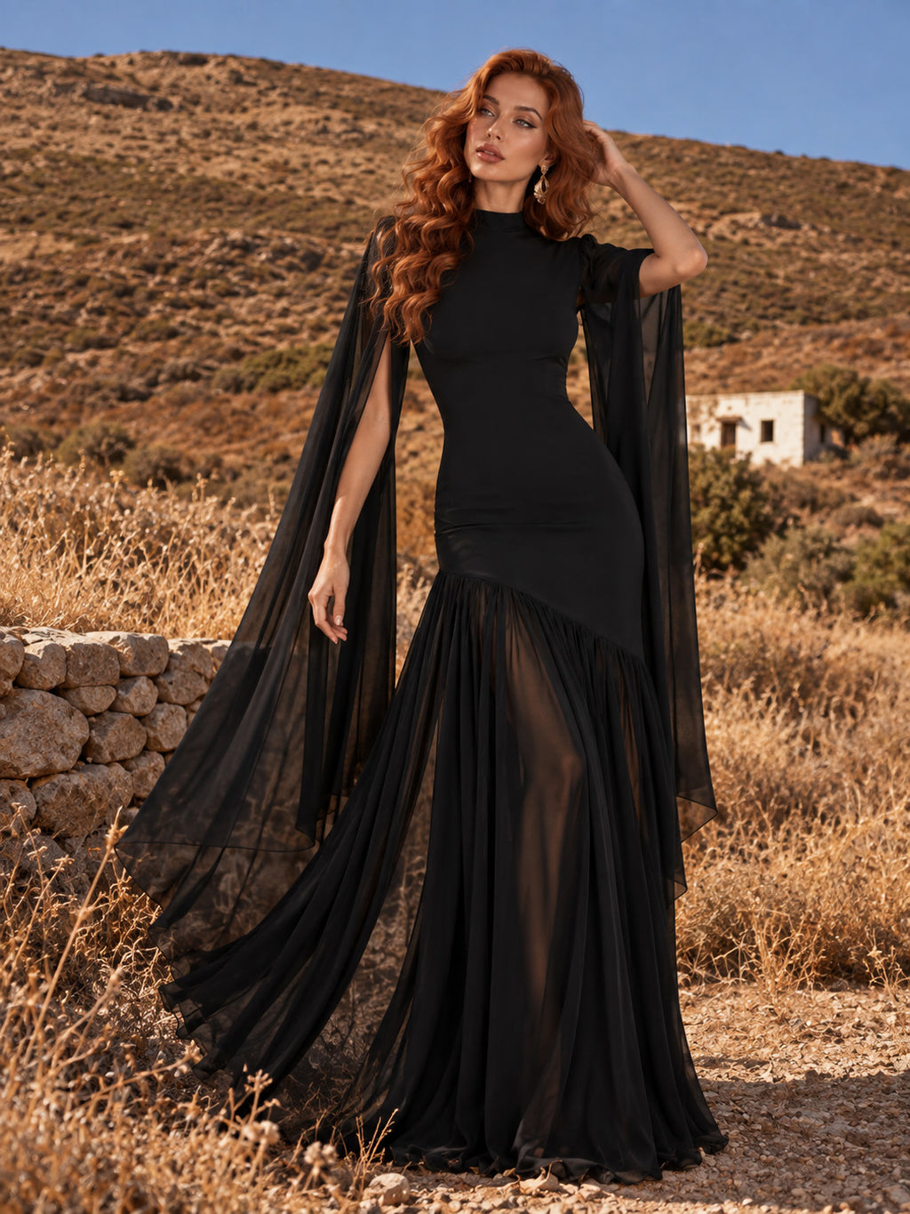 Women’s Butter Yellow Elegant Chiffon High Neck Sleeveless Maxi Dress with Cape Sleeves and Asymmetric Mermaid Hem