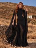 Women’s Butter Yellow Elegant Chiffon High Neck Sleeveless Maxi Dress with Cape Sleeves and Asymmetric Mermaid Hem