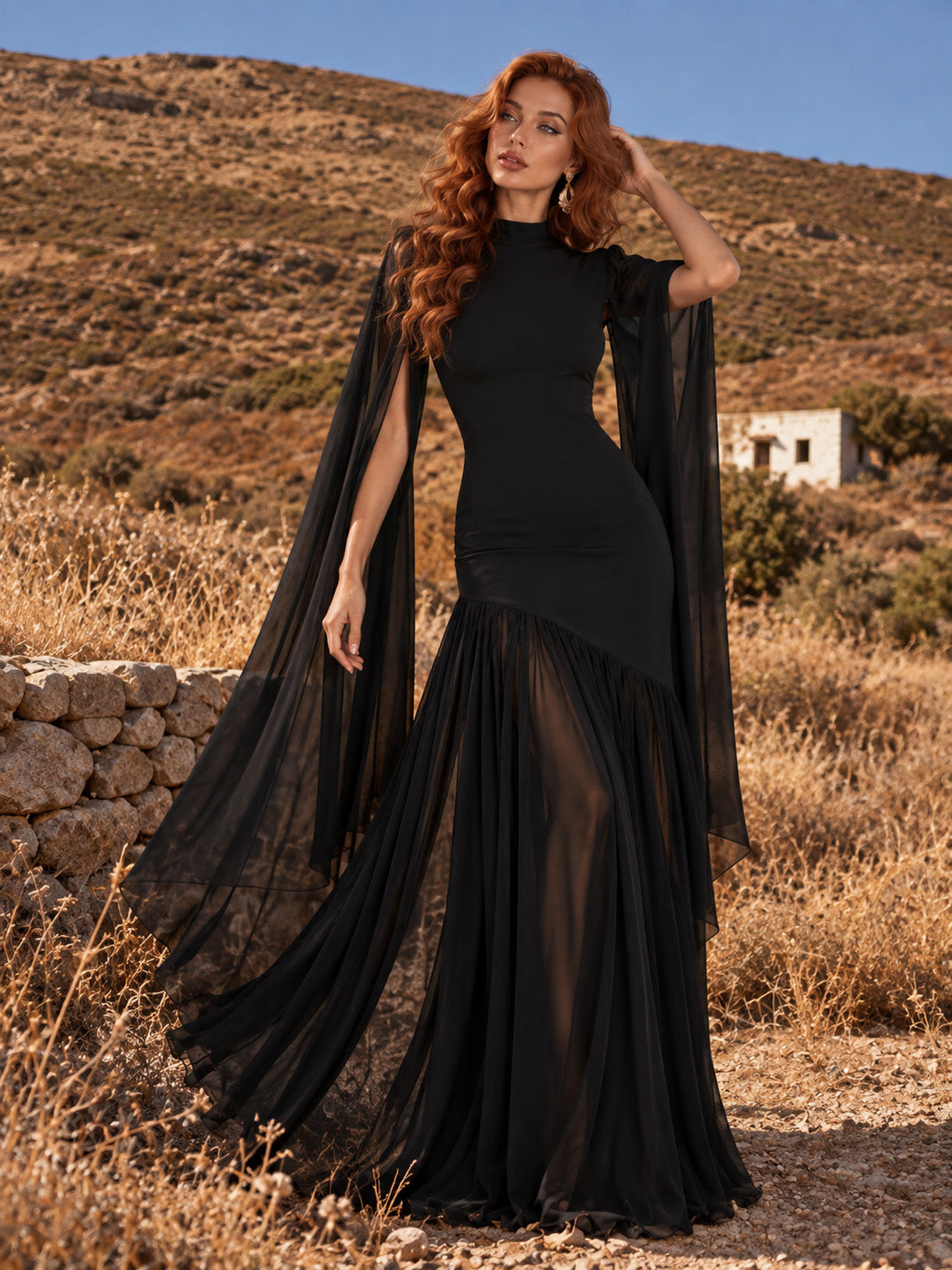 Women’s Butter Yellow Elegant Chiffon High Neck Sleeveless Maxi Dress with Cape Sleeves and Asymmetric Mermaid Hem
