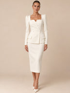 Women's Elegant Square Neck Long Sleeve Tailored Blazer and Midi Pencil Skirt Two-Piece Suit Set