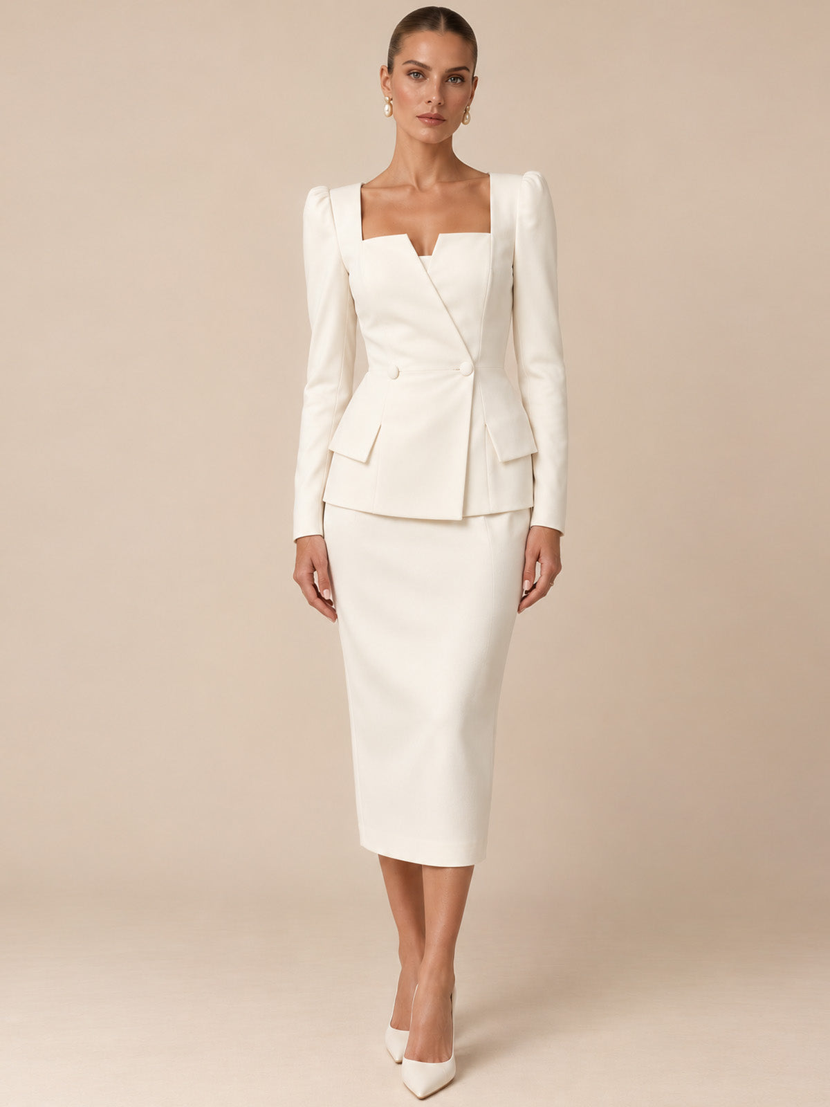 Women's Elegant Square Neck Long Sleeve Tailored Blazer and Midi Pencil Skirt Two-Piece Suit Set