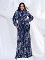 Women’s Navy Blue Elegant Sequin Mesh High Neck Long Sleeve Mermaid Maxi Dress with Puff Shoulders