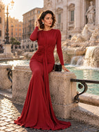 Women’s Burgundy Elegant Ruched Round Neck Long Sleeve Mermaid Maxi Dress with Draped Waist
