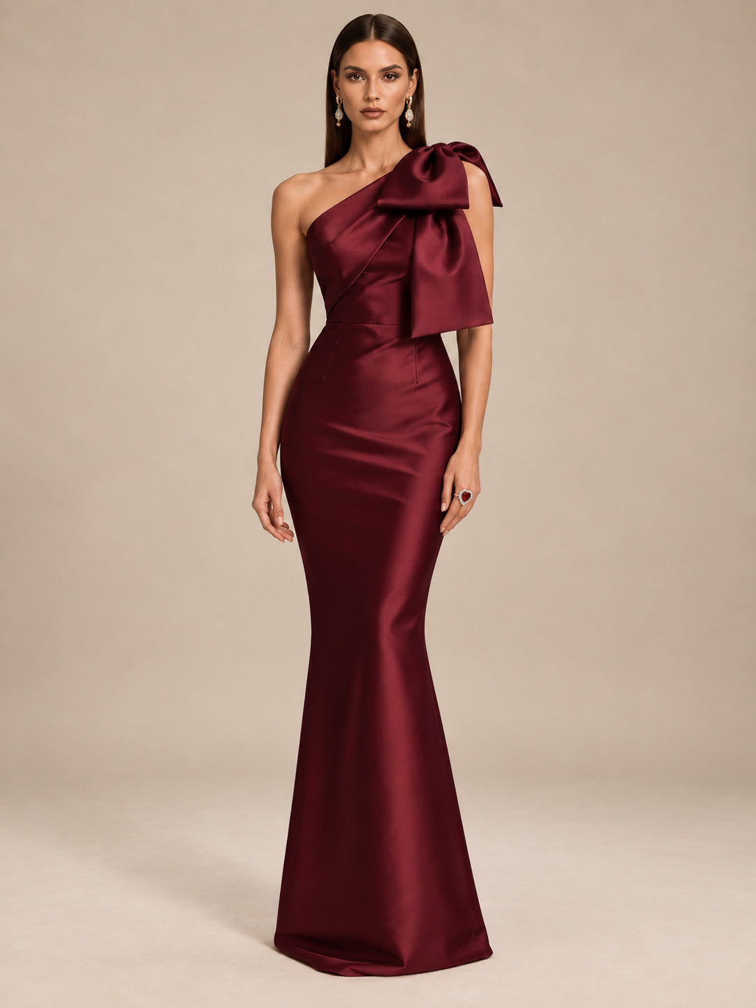 Women’s Burgundy Elegant Satin One Shoulder Sleeveless Mermaid Maxi Dress with Oversized Bow Detail