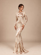 Women’s Red Green Glamorous Sequin Round Neck Long Sleeve Fitted Mermaid Maxi Dress with Open Back