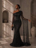 Women’s Elegant Sequin Asymmetrical Neck One Long Sleeve Regular Mermaid Maxi Dress with Beaded Detail