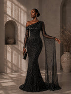 Women’s Elegant Sequin Asymmetrical Neck One Long Sleeve Regular Mermaid Maxi Dress with Beaded Detail