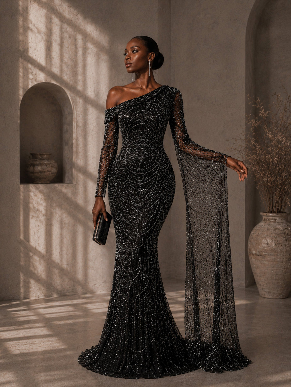 Women’s Elegant Sequin Asymmetrical Neck One Long Sleeve Regular Mermaid Maxi Dress with Beaded Detail