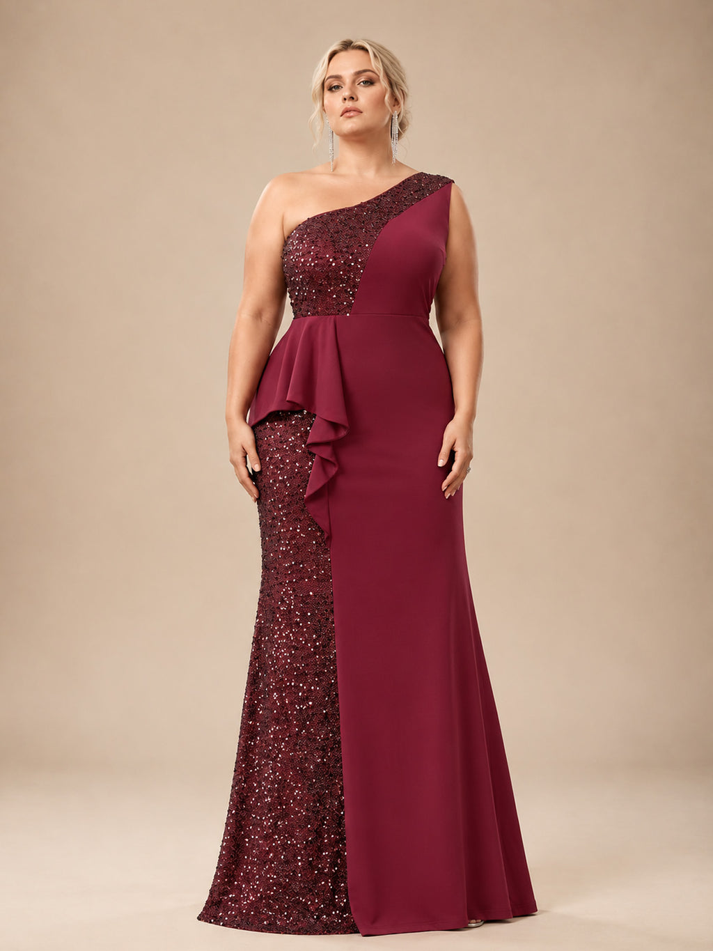 Women’s Emerald Green Elegant Sequin One Shoulder Sleeveless Mermaid Maxi Dress with Asymmetric Ruffle and Colorblock Detail