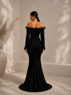 Damen bordeauxrotes, luxuriöses Pailletten-Off-Shoulder-Maxikleid mit langen Ärmeln im Meerjungfrauen-Stil