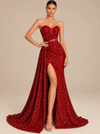 Women’s Champagne Gold Glamorous Sequin One Shoulder Sleeveless Mermaid Maxi Dress with Ruched Detail, High Slit and Lace-Up Back