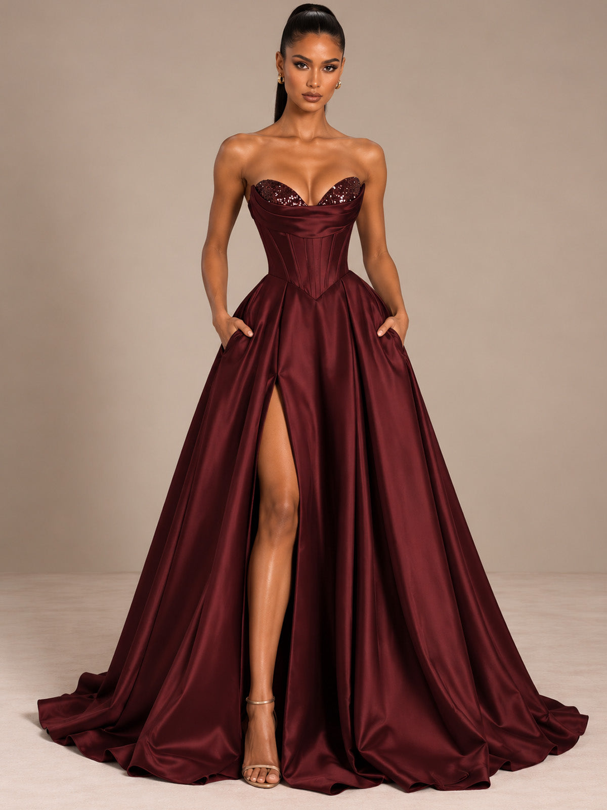 Women’s Black Glamorous Satin Strapless Sweetheart Neck Sleeveless A-Line Maxi Dress with Sequin Detail, Corset Waist and High Slit