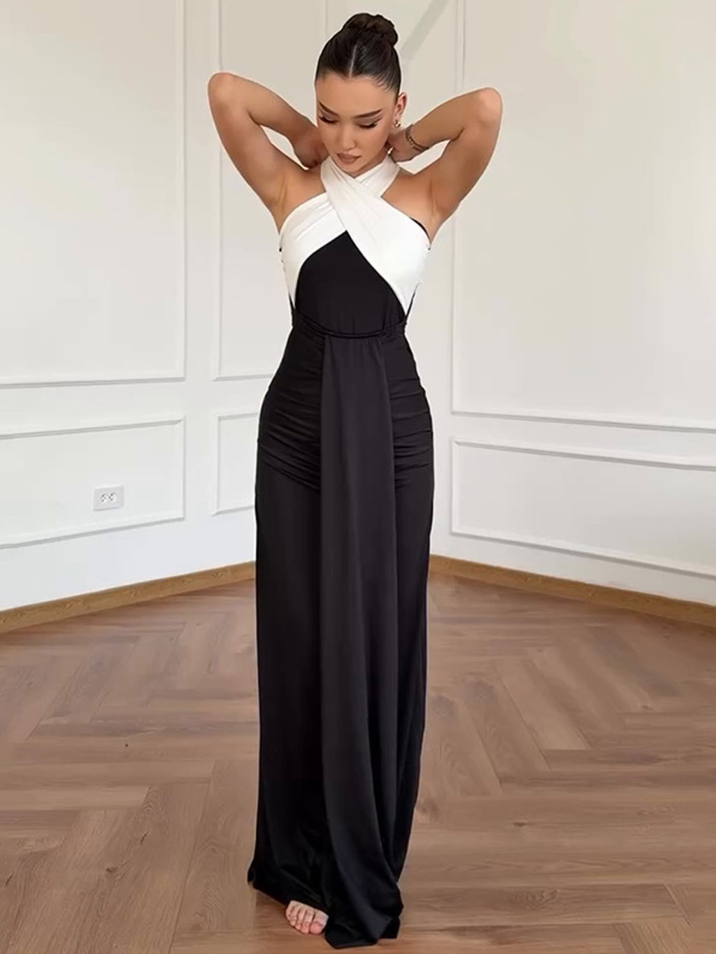 Women’s Black Elegant Strapless Sleeveless Sheath Maxi Dress with Detachable White Halter Scarf and Convertible Bow Detail