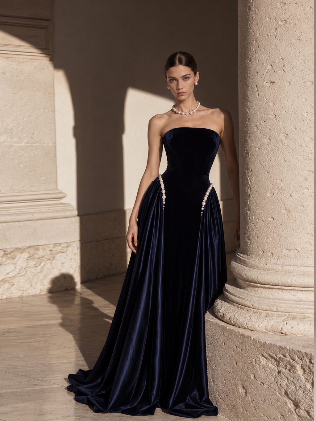 Women’s Navy Blue Elegant Velvet Strapless Sleeveless A-Line Maxi Dress with Pearl Embellishment and Lace-Up Back Detail