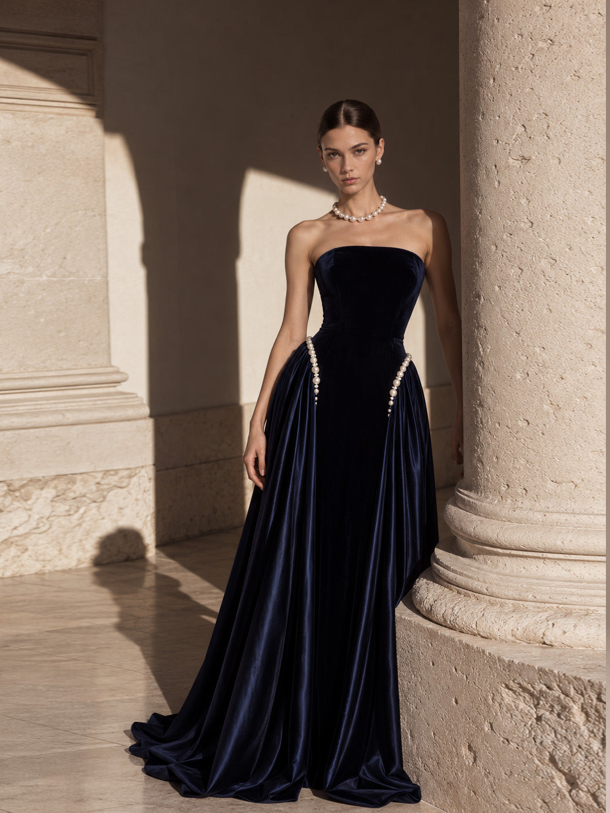 Women’s Navy Blue Elegant Velvet Strapless Sleeveless A-Line Maxi Dress with Pearl Embellishment and Lace-Up Back Detail