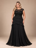 Women’s Black Elegant Lace Round Neck Cap Sleeve Tiered A-Line Maxi Dress with Chiffon Overlay