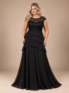 Women’s Black Elegant Lace Round Neck Cap Sleeve Tiered A-Line Maxi Dress with Chiffon Overlay