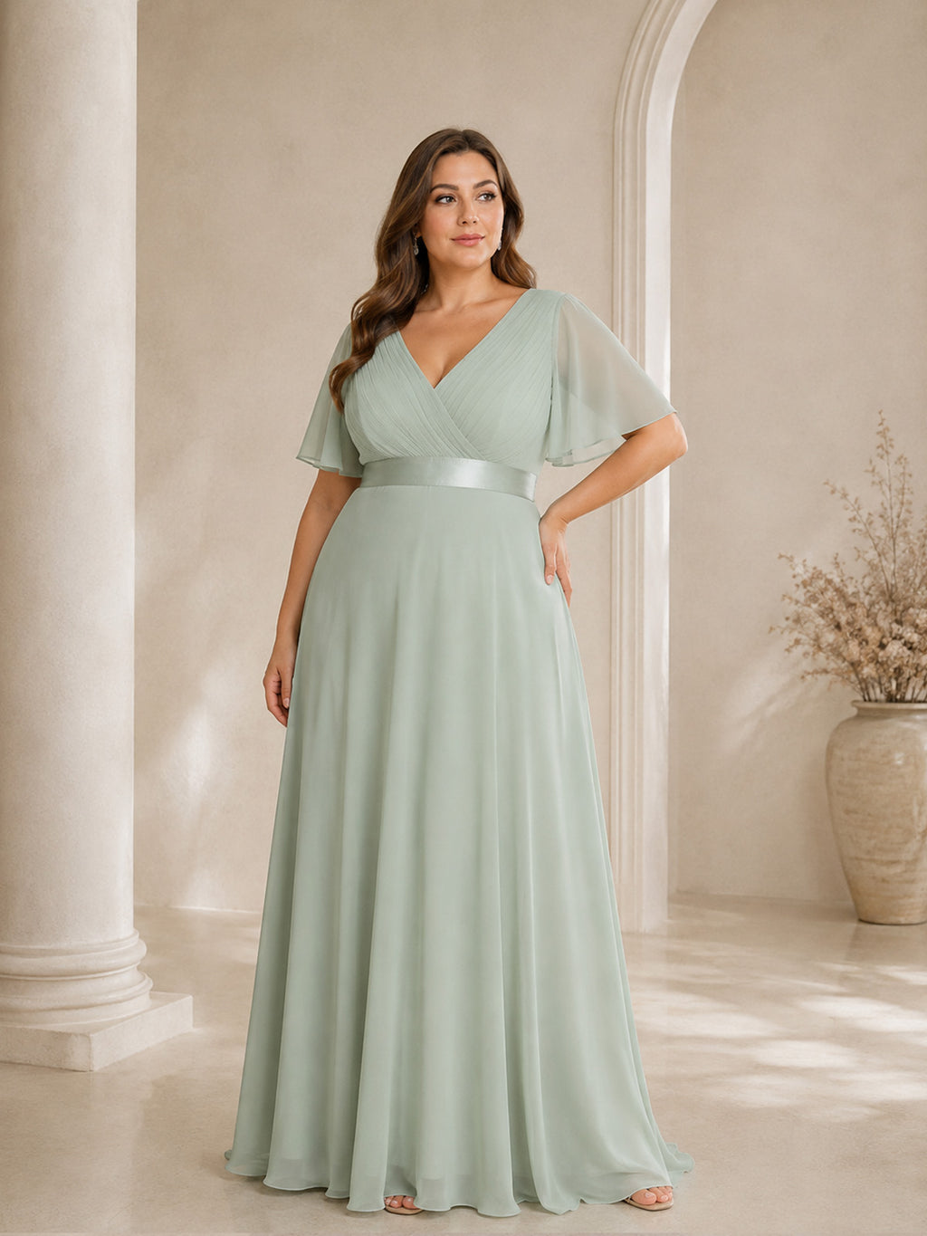 Women’s White Graceful Chiffon V Neck Flutter Short Sleeve A-Line Maxi Dress with Pleated Bodice Detail