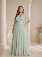 Women’s White Graceful Chiffon V Neck Flutter Short Sleeve A-Line Maxi Dress with Pleated Bodice Detail