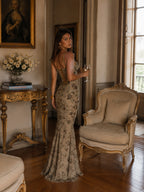 Women’s Taupe Luxe Embroidered Mesh Spaghetti Strap Mermaid Maxi Dress