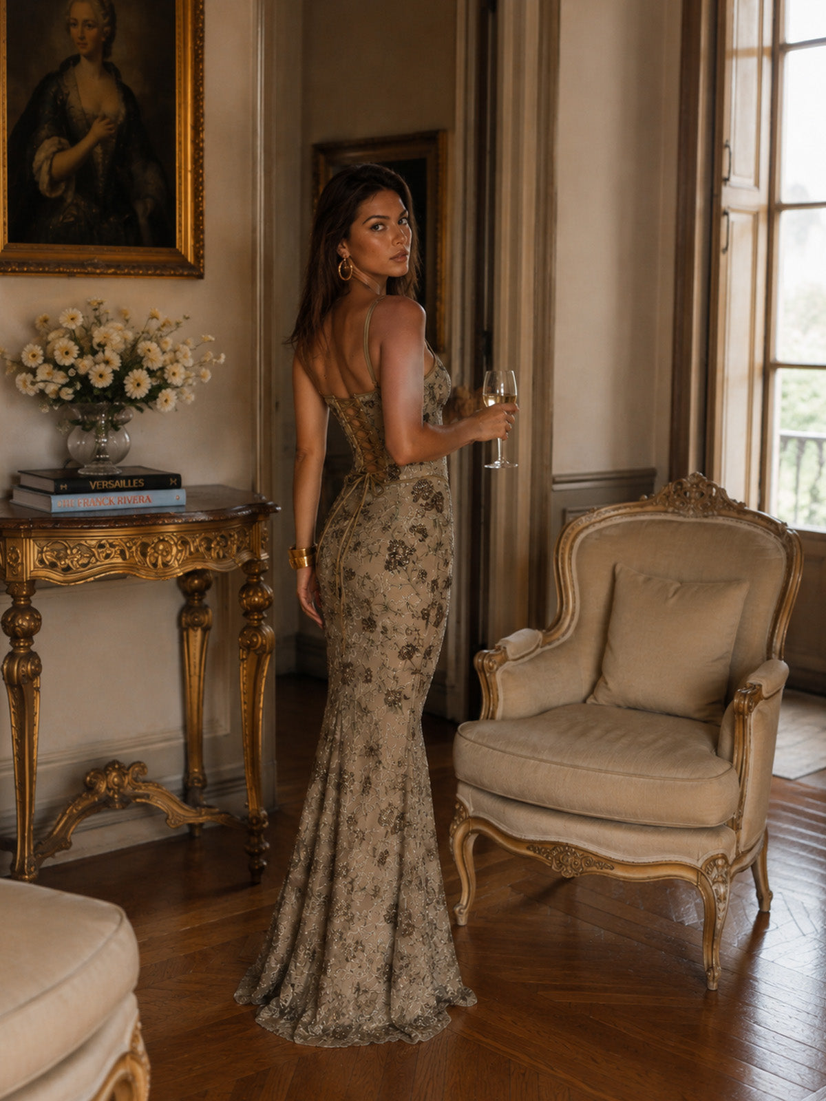 Women’s Taupe Luxe Embroidered Mesh Spaghetti Strap Mermaid Maxi Dress