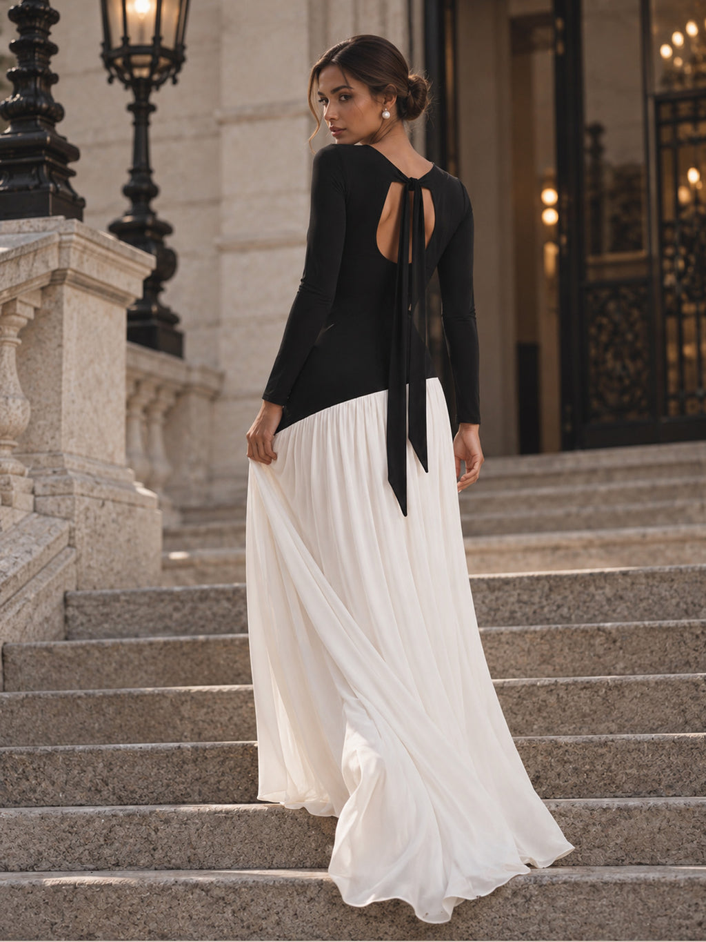 Women’s Black and White Elegant Round Neck Long Sleeve Colorblock A-Line Maxi Dress with Asymmetric Waist and Pleated Detail