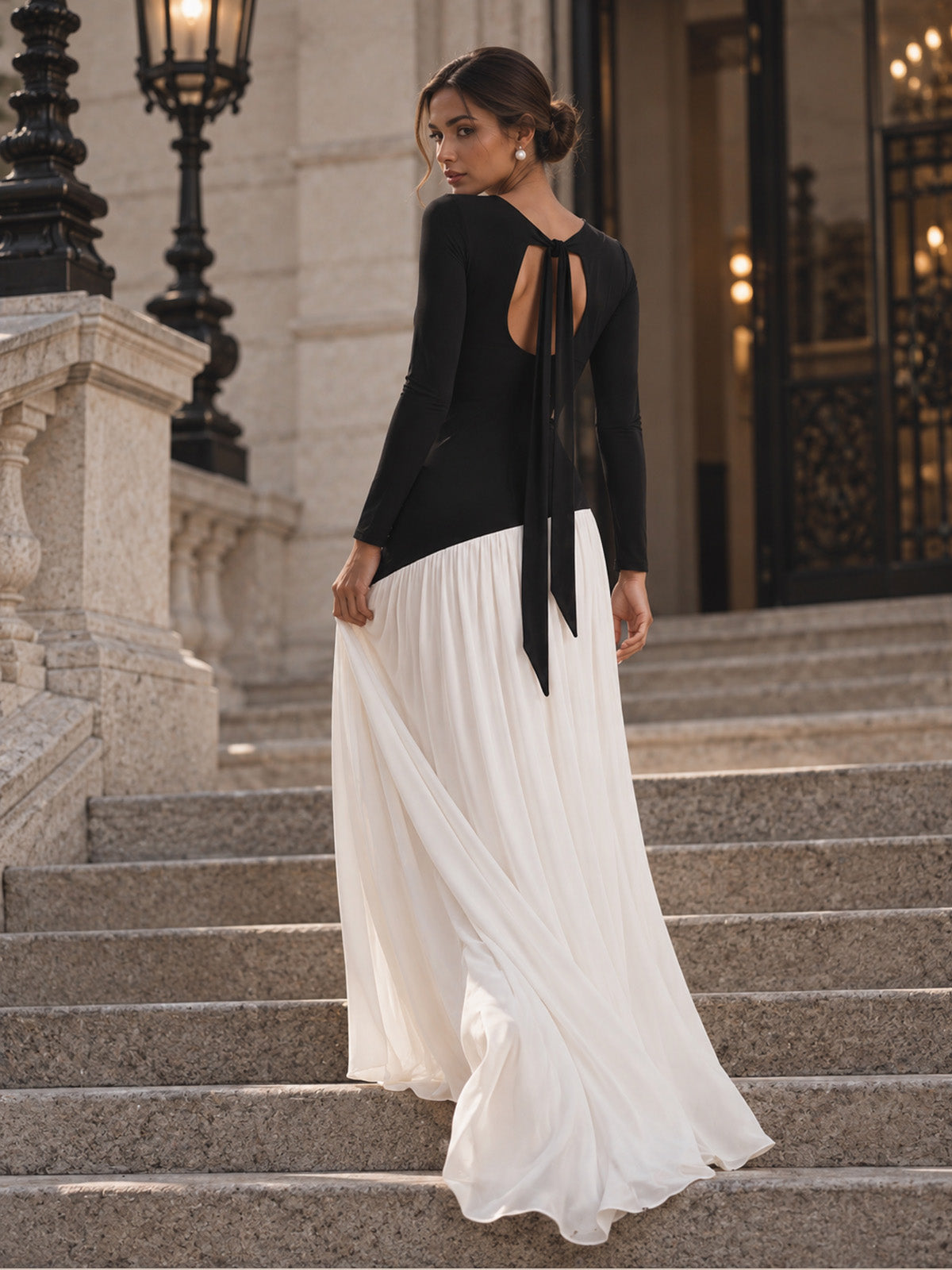Women’s Black and White Elegant Round Neck Long Sleeve Colorblock A-Line Maxi Dress with Asymmetric Waist and Pleated Detail