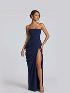 Women’s Pale Yellow Glamorous Strapless Sleeveless Slim Fit Maxi Dress with Ruched High Slit Detail