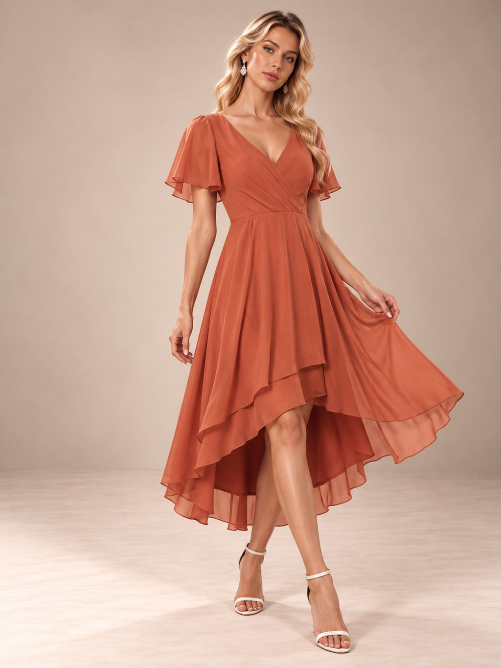 Women’s Emerald Green Elegant Chiffon V-Neck Flutter Sleeve High-Low A-Line Midi Dress with Wrap Detail