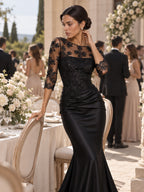 Women’s Navy Blue Elegant Satin Round Neck Sheer Three-Quarter Sleeve Mermaid Maxi Dress with Floral Lace Embroidery and Ruched Detail