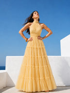 Women’s Yellow Multi-Layer Tuller Halter Neck Sleeveless Flowy Maxi Dress
