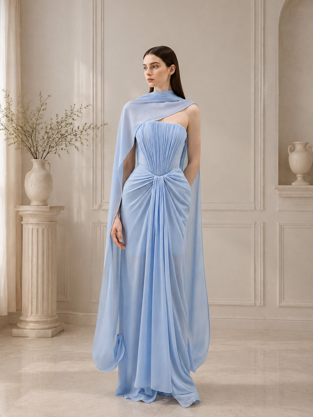Women’s Light Blue Refined Chiffon Draped Cape Sleeve Maxi Dress