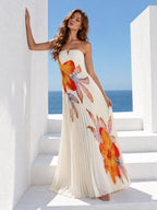Women’s Ivory Elegant Pleated Strapless Floral Print A-Line Maxi Dress with Notched Neckline