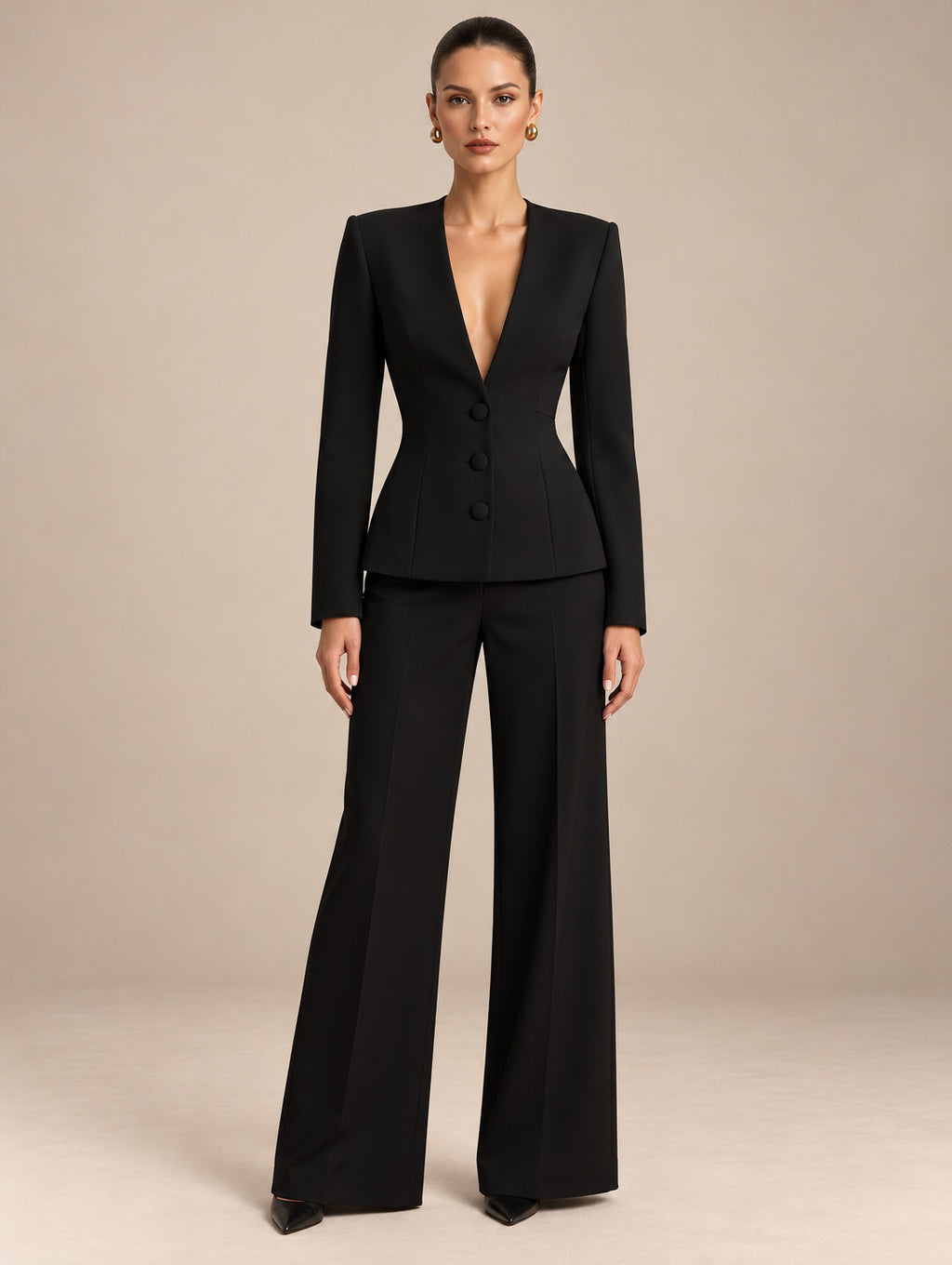 Women's Tailored Deep V-Neck Long Sleeve Blazer and Wide-Leg Pants Set with Three-Button Detail