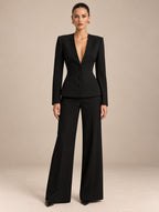 Women's Tailored Deep V-Neck Long Sleeve Blazer and Wide-Leg Pants Set with Three-Button Detail