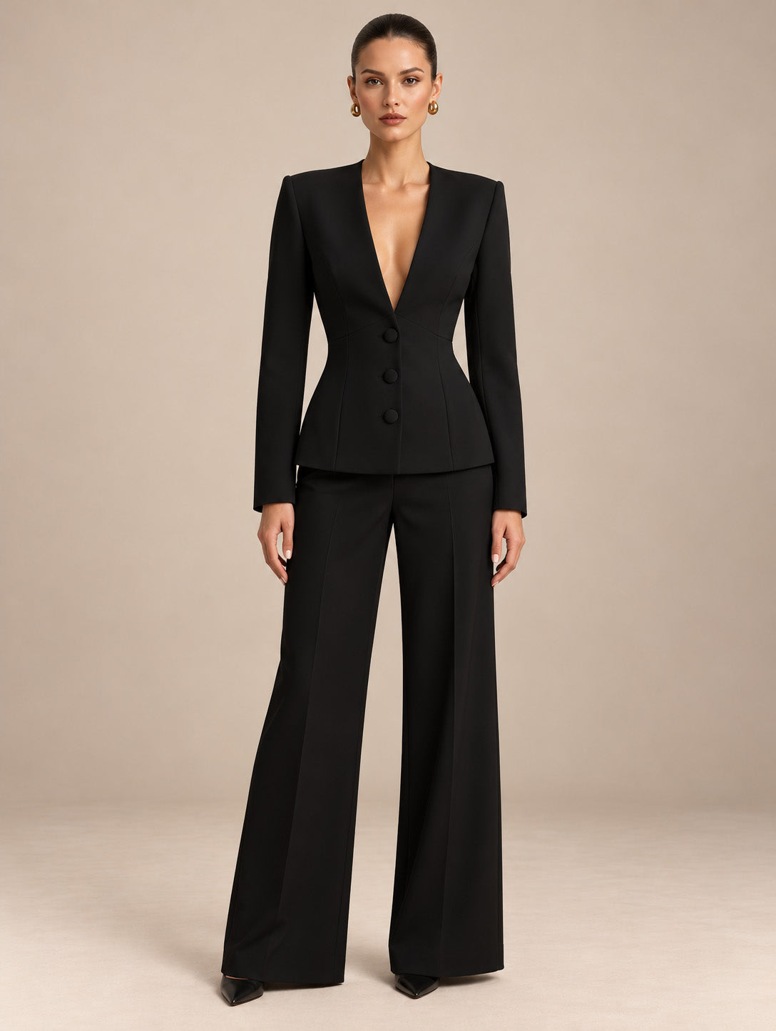 Women's Tailored Deep V-Neck Long Sleeve Blazer and Wide-Leg Pants Set with Three-Button Detail