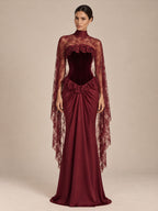 Women’s Black Elegant Strapless Velvet Mermaid Maxi Dress with Sheer Floral Lace Cape and Corset Detail