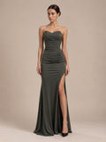 Women’s Dark Olive Green Elegant Strapless Sweetheart Neck Sleeveless Mermaid Maxi Dress with Ruched Detail and High Slit
