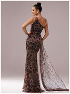 Women’s Brown Elegant Leopard Print One Shoulder Sleeveless High Slit Maxi Dress with Floral Detail